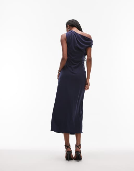 & Other Stories jersey midi dress with drape wrap clasp and asymmetric off shoulder in dark blue, 3 of 4