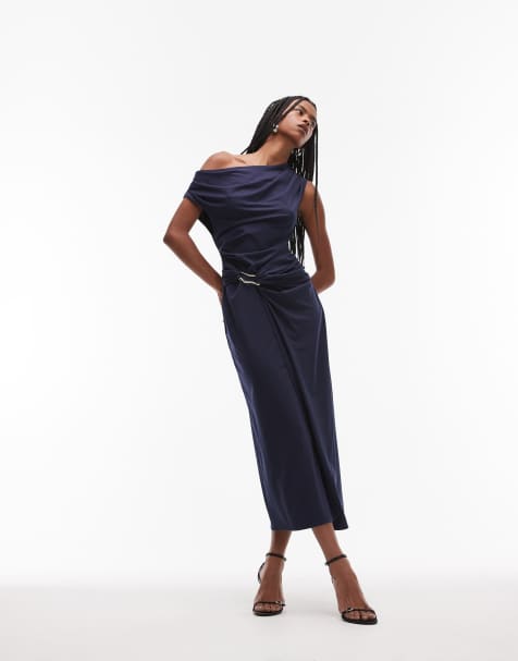 & Other Stories - Jersey midi-jurk met gedrapeerde wikkelsluiting en asymmetrische blote schouder in donkerblauw - view 1