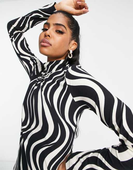 Other Stories jersey polo neck top in black and white wave print