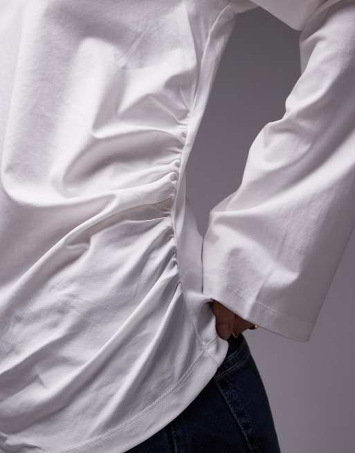 & Other Stories jersey relaxed top with asymmetric side ruche detail in white