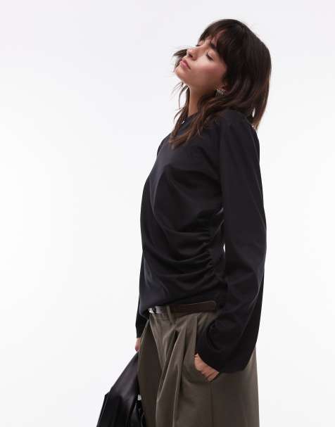 & Other Stories jersey relaxed top with asymmetric side ruched detail in black - view 1