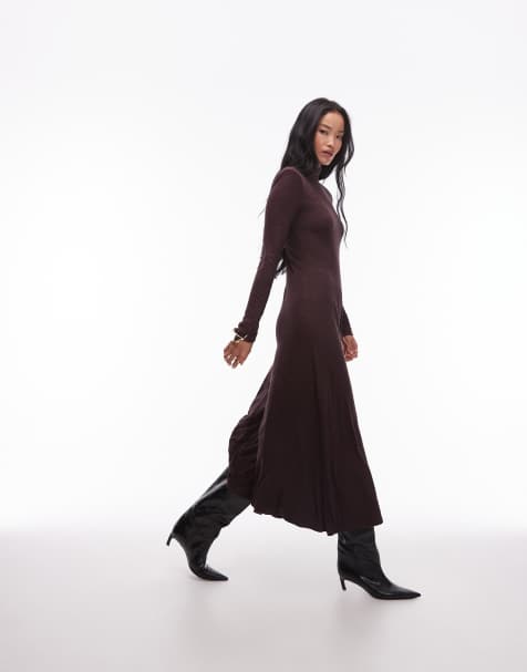 & Other Stories jersey second skin long sleeve maxi dress in brown jacquard - view 1