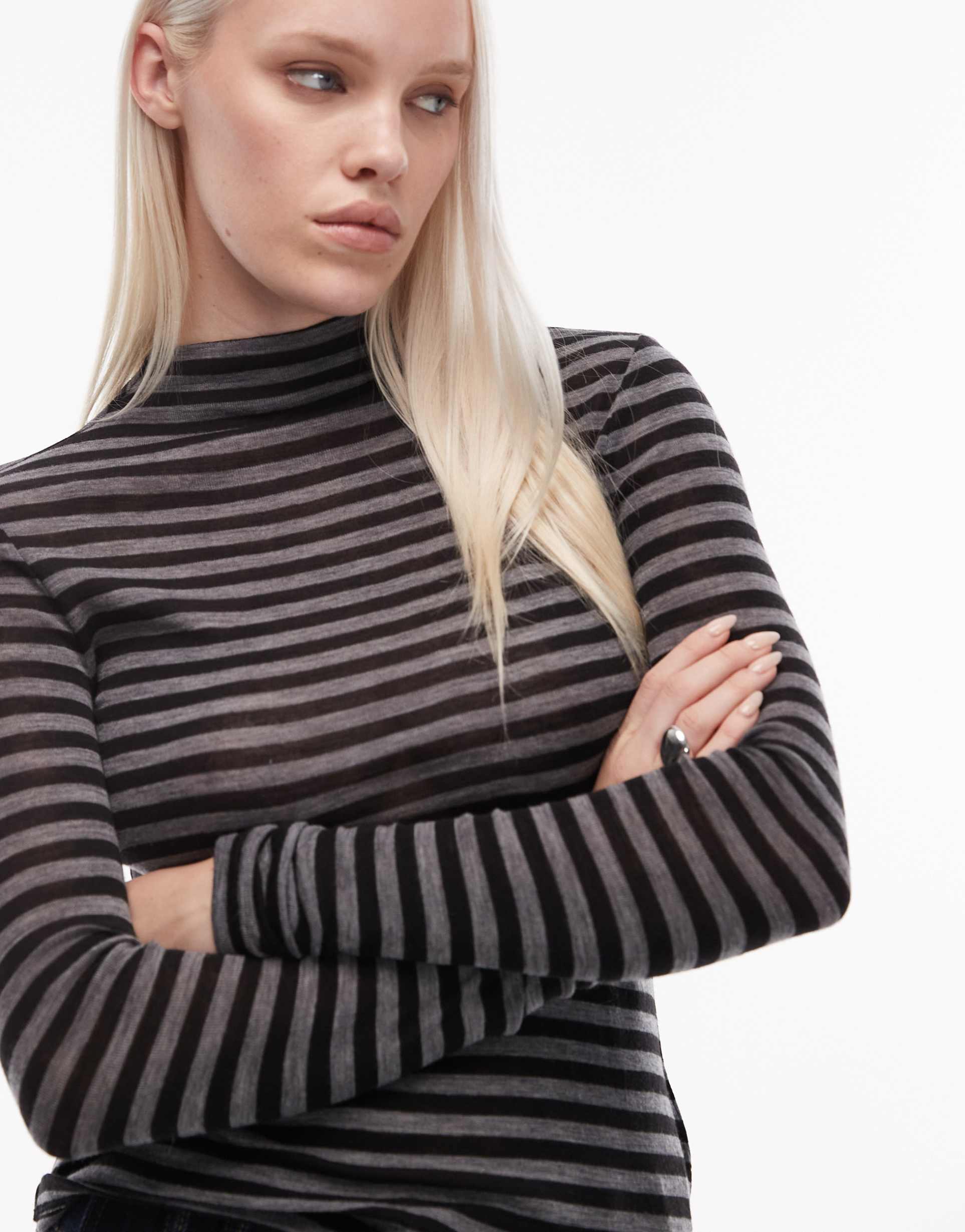 & other stories jersey second skin long sleeve top in gray stripes