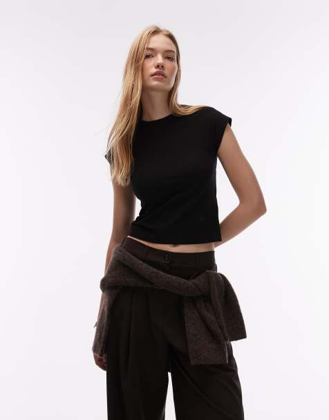 & Other Stories jersey slim fit crew neck top with cap sleeves in black - view 1