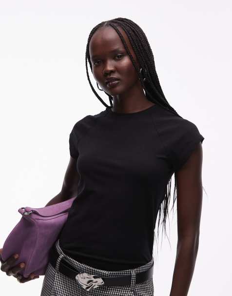 & Other Stories jersey slim fit crew neck top with cap sleeves in black