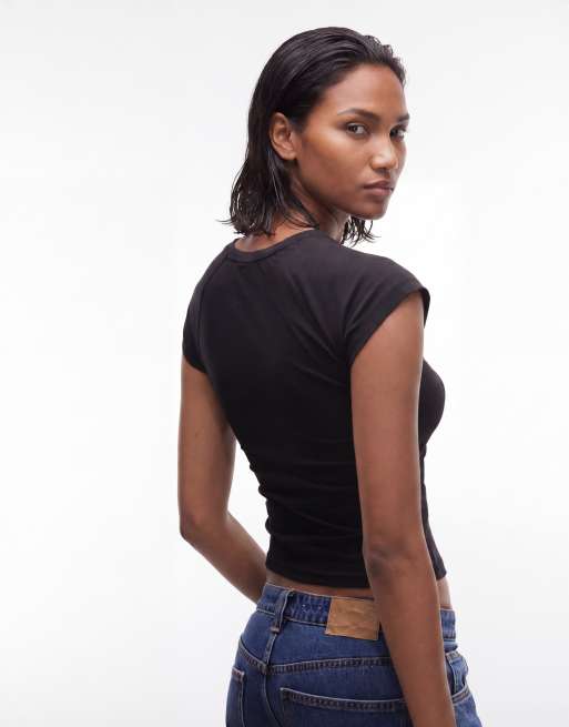 & Other Stories jersey slim fit crew neck top with cap sleeves in black, 4 of 4
