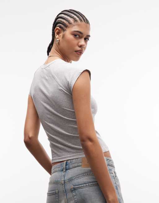 & Other Stories jersey slim fit crew neck top with cap sleeves in gray, 4 of 4