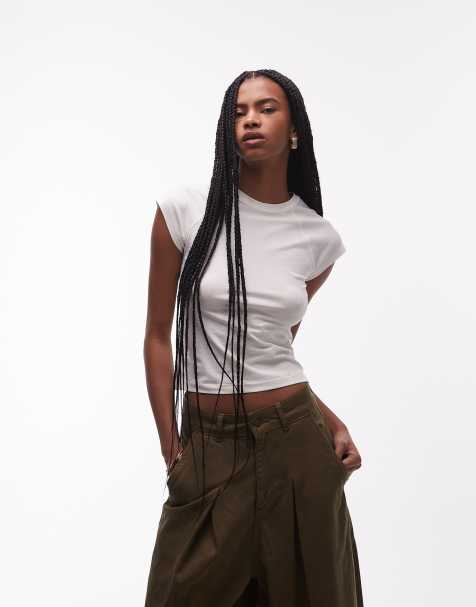 & Other Stories jersey slim fit crew neck top with cap sleeves in white - view 1