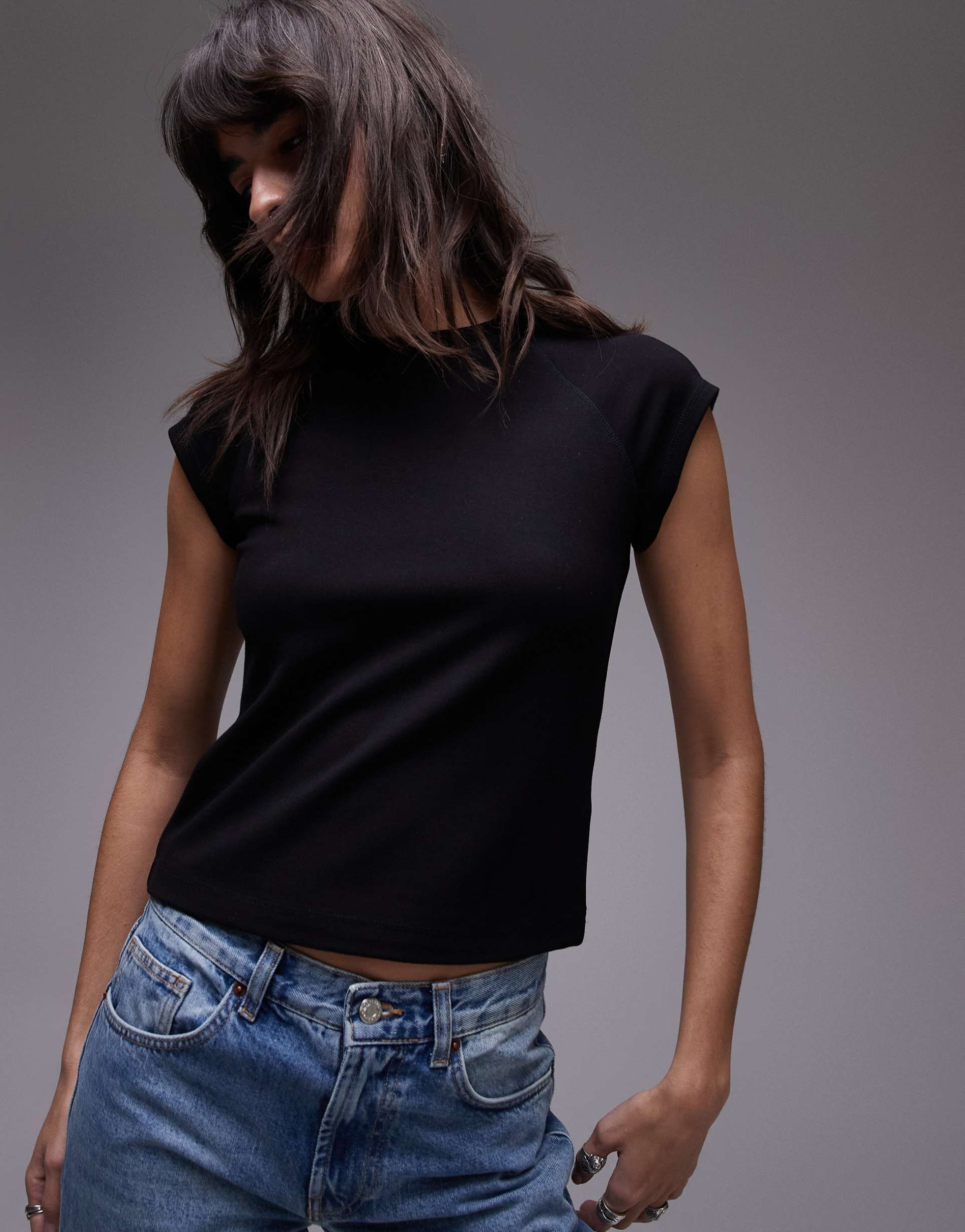 & other stories jersey slim fit top with cap sleeves in black