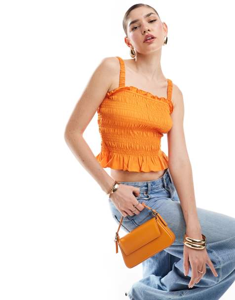 & Other Stories jersey smock top with ruched square neck bodice and peplum hem in orange - view 1