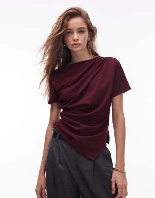 & Other Stories Jersey T-shirt With Drape Front And Asymmetric Slit Hem In Brown