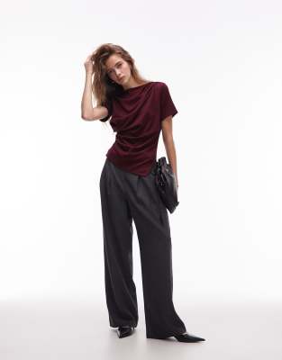 & Other Stories Jersey T-shirt With Drape Front And Asymmetric Slit Hem In Burgundy