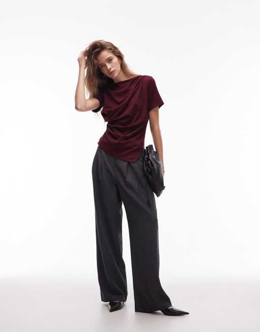 & Other Stories jersey t-shirt with drape front and asymmetric slit hem in burgundy