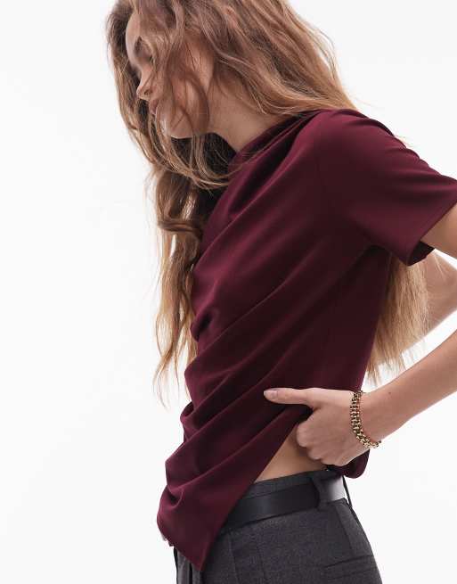 & Other Stories jersey t-shirt with drape front and asymmetric slit hem in burgundy