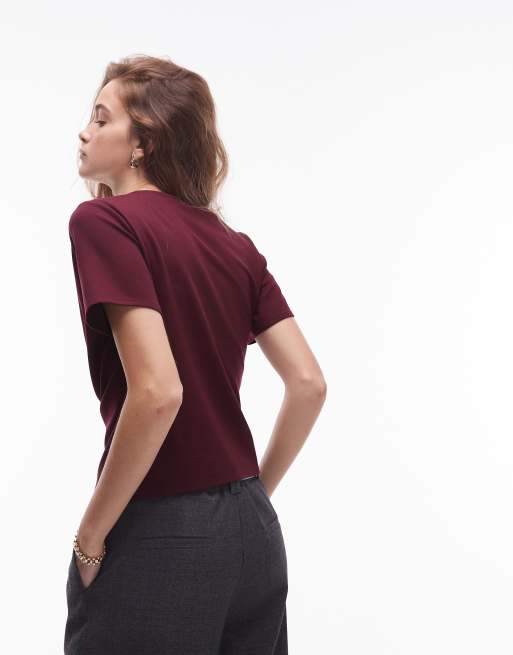 & Other Stories jersey t-shirt with drape front and asymmetric slit hem in burgundy