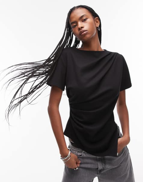 & Other Stories jersey t-shirt with drape front and asymmetric split hem in black - view 1