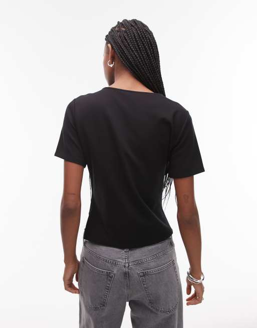 & Other Stories jersey T-shirt with drape front and asymmetric split hem in black