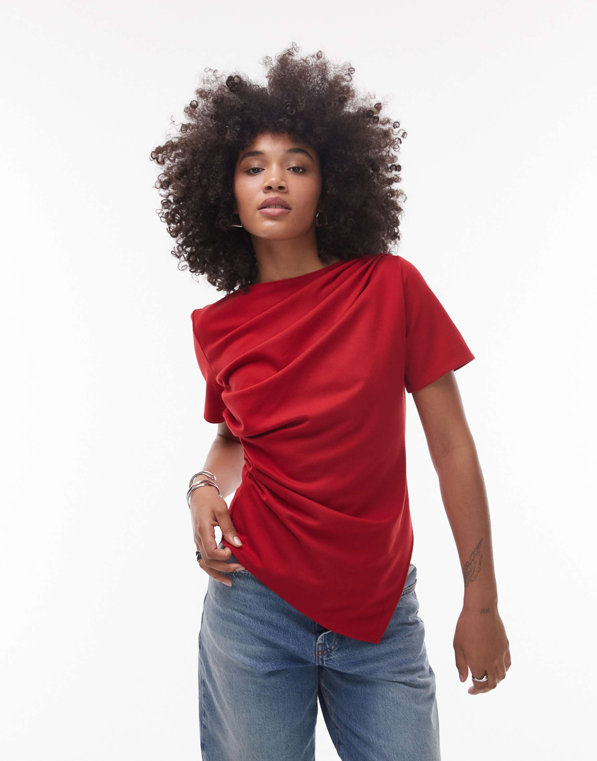 & other stories jersey t-shirt with drape front and asymmetric split hem in red
