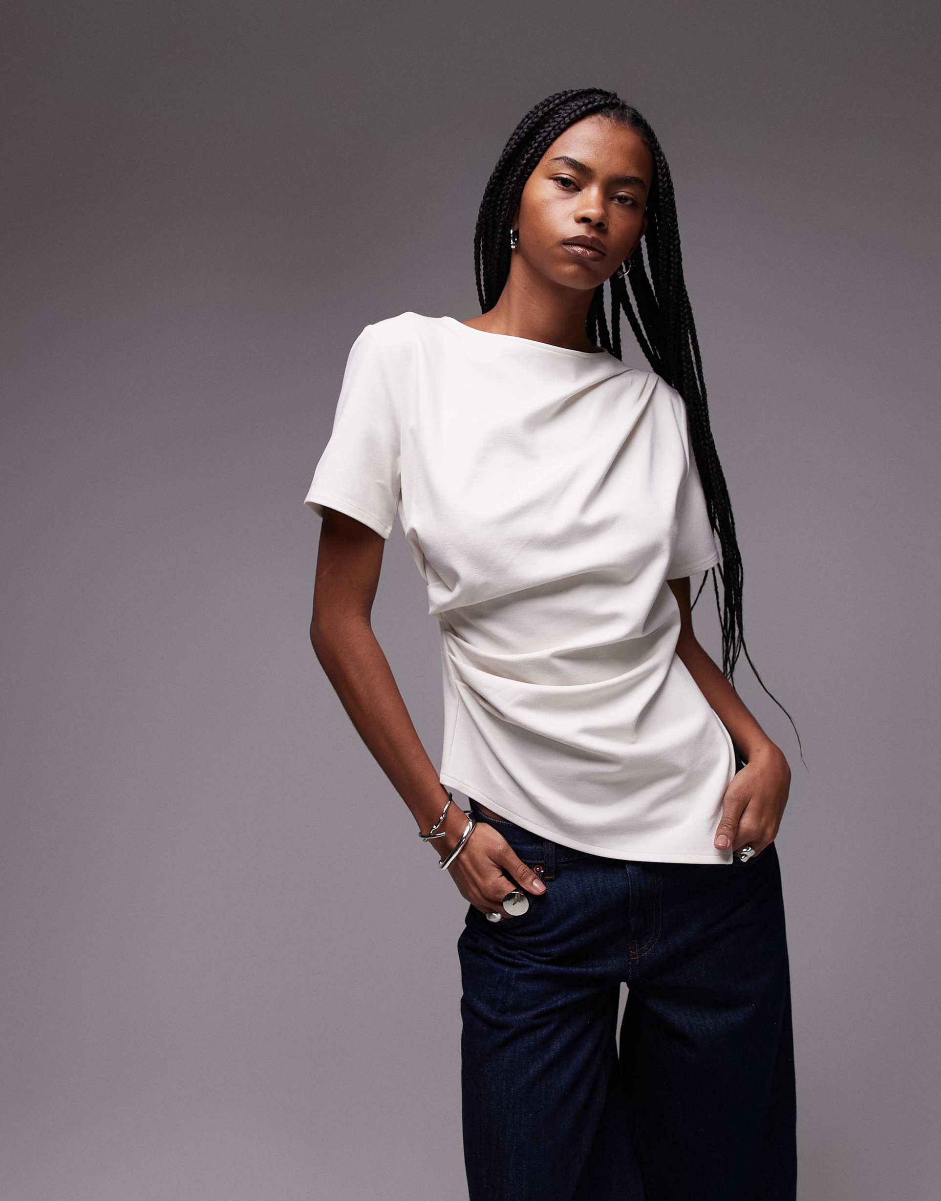 & other stories jersey t-shirt with drape front and asymmetric split hem in white