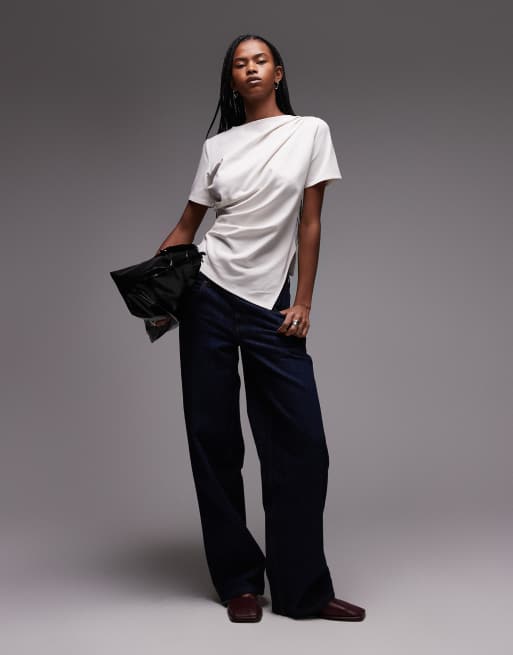 & Other Stories jersey T-shirt with drape front and asymmetric split hem in white