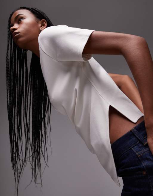 & Other Stories jersey T-shirt with drape front and asymmetric split hem in white