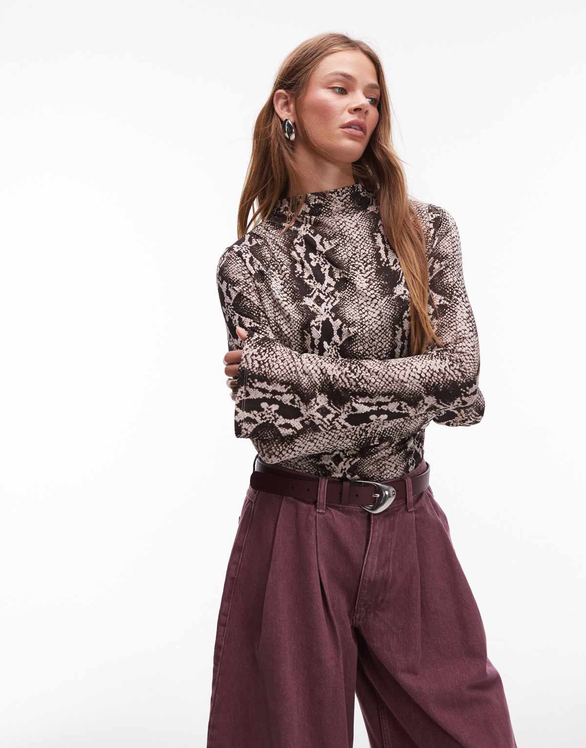 & Other Stories jersey  top side ruche with long sleeves  in snake print