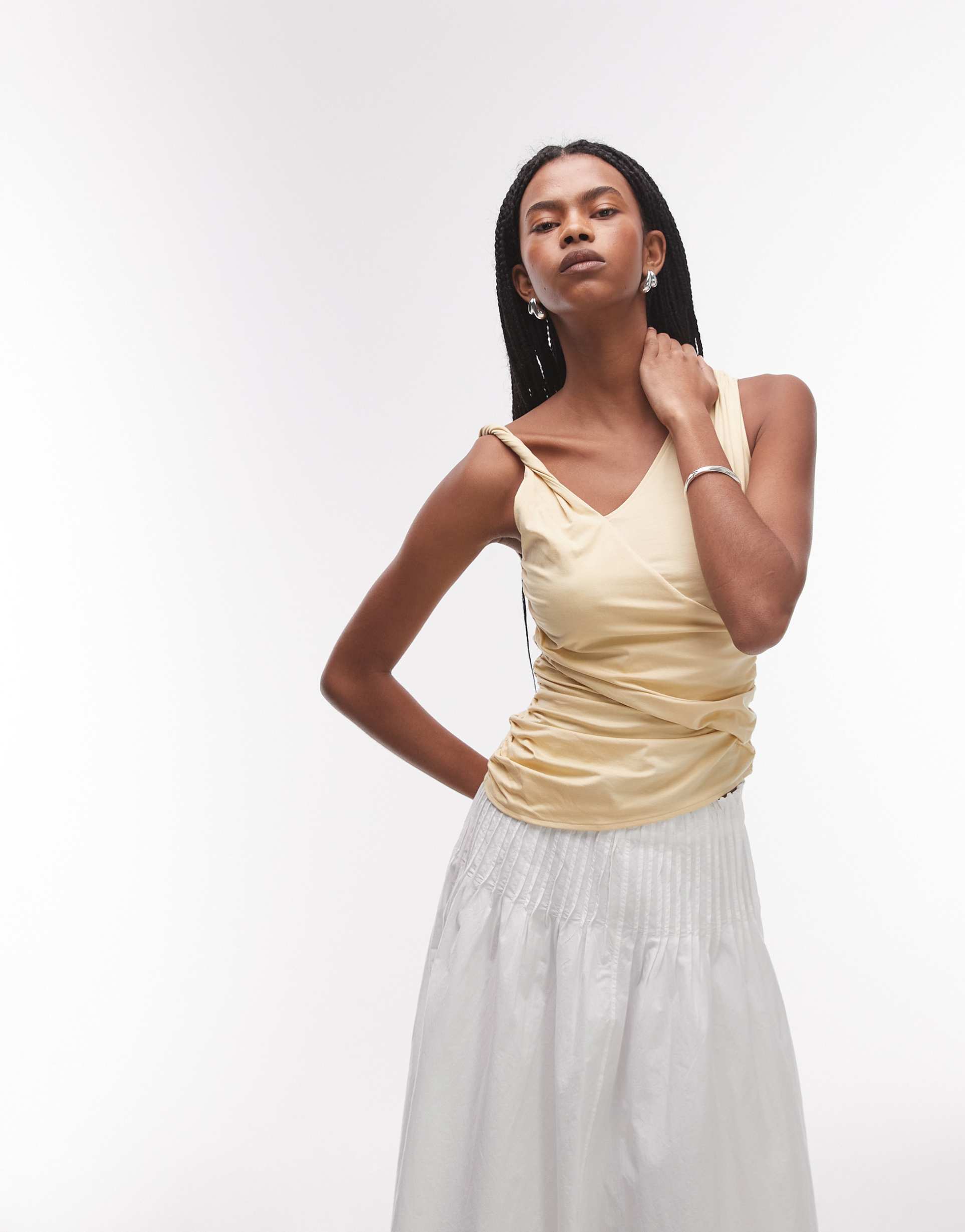& other stories jersey top with twist and drape detail in light yellow