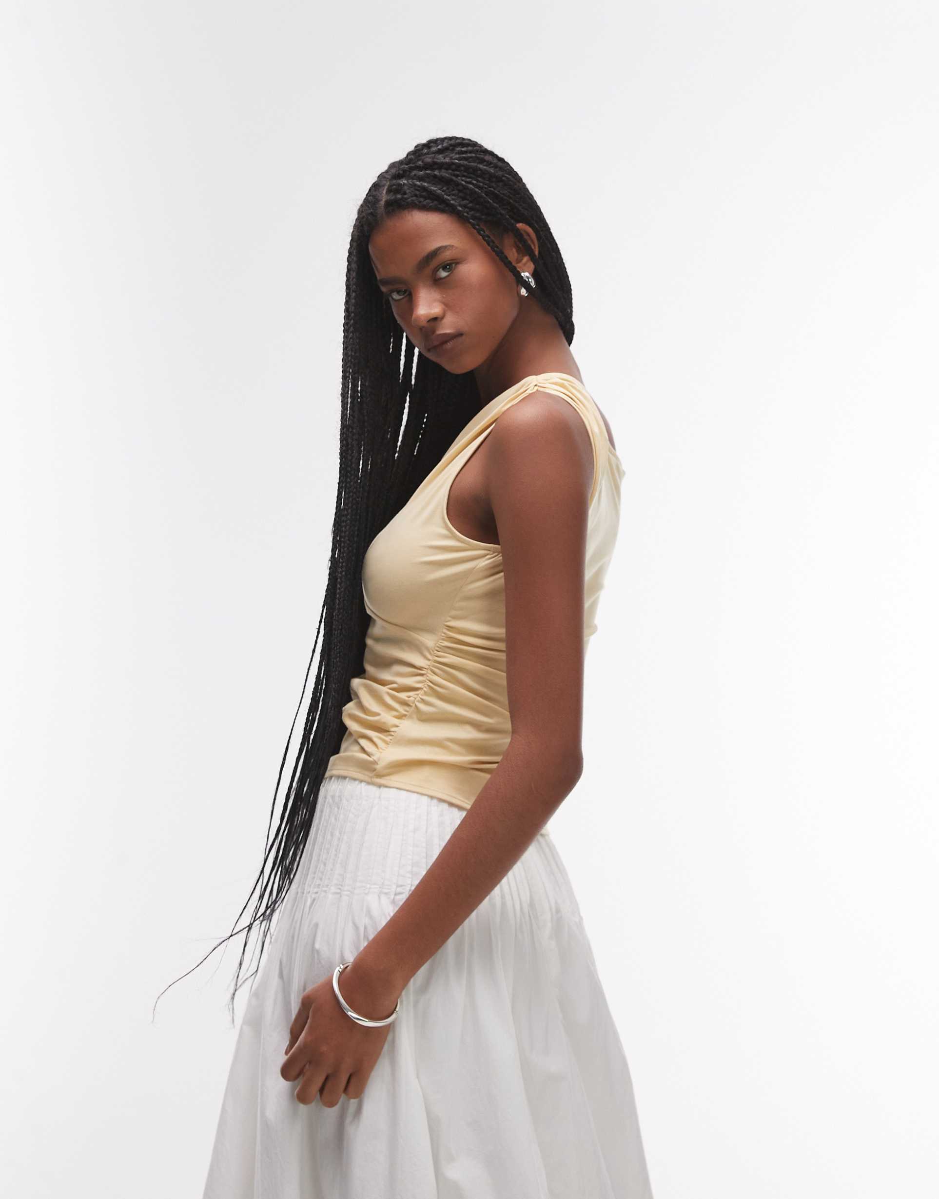 & other stories jersey top with twist and drape detail in light yellow
