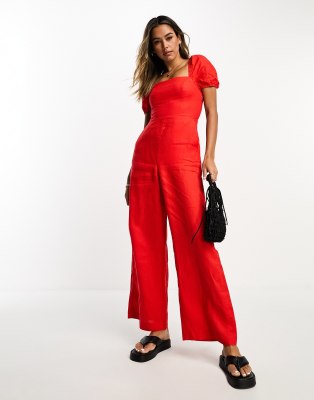 & Other Stories - Jumpsuit aus Leinen in Rot mit Puffärmeln