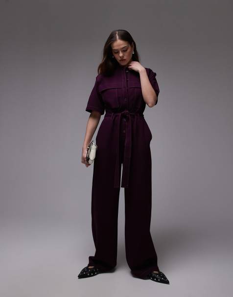 & Other Stories - Jumpsuit met wijde pijpen, stretch, gestrikte taille en utility-zakken in donker lila - view 1