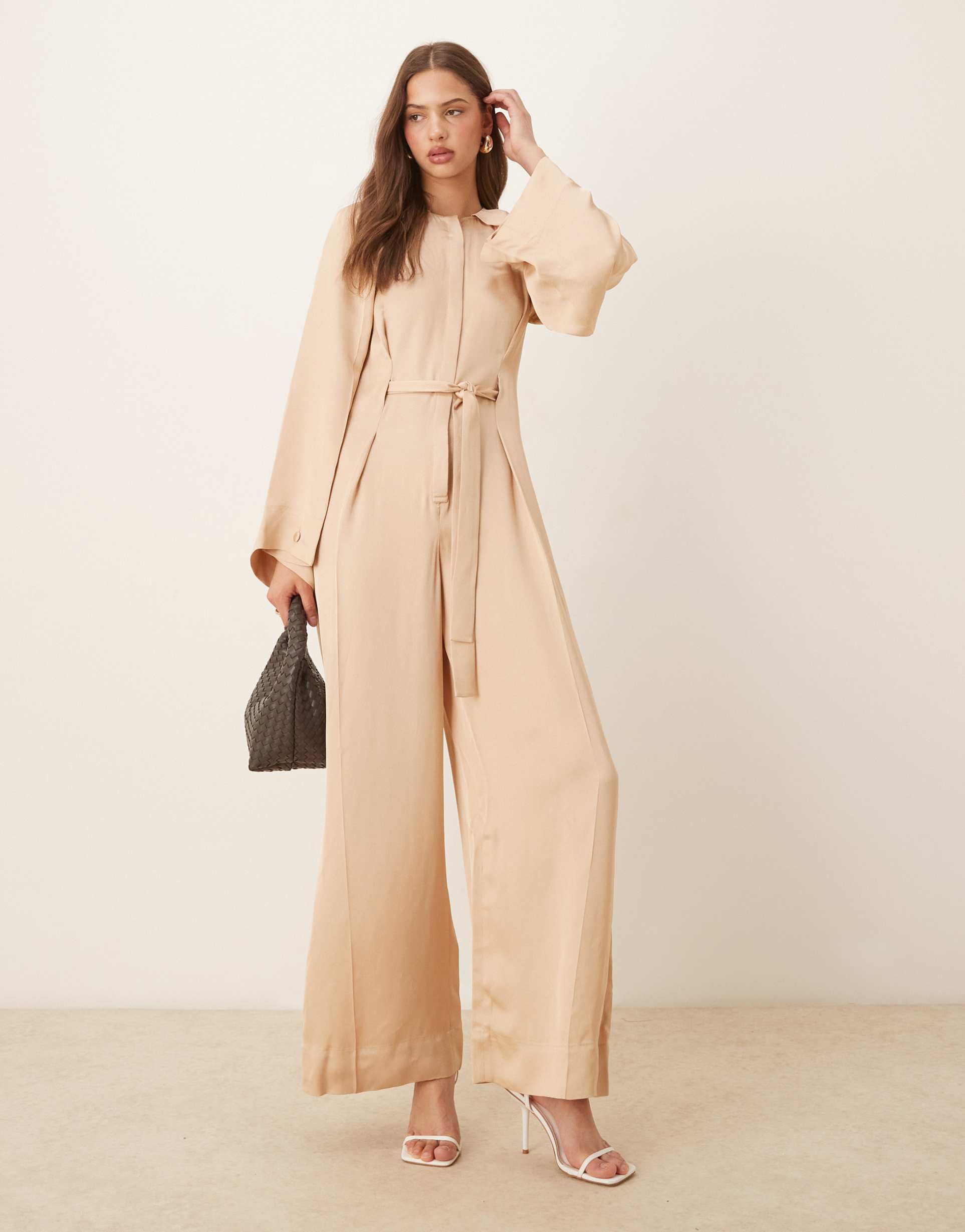 & other stories jumpsuit with half belt detail and split sleeves in beige