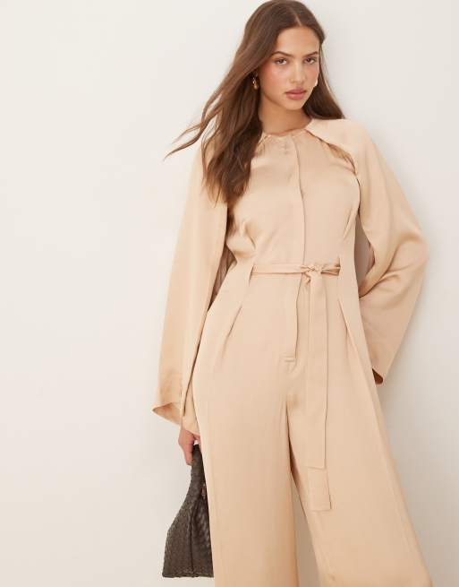 & Other Stories jumpsuit with half belt detail and split sleeves in beige, 3 of 4