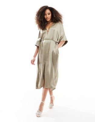 & Other Stories relaxed belted satin midi dress with front split in light mole