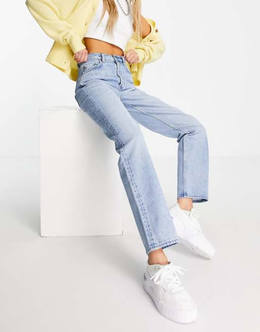 & Other Stories Keeper cotton high waist straight leg longline jeans in washed stone | ASOS