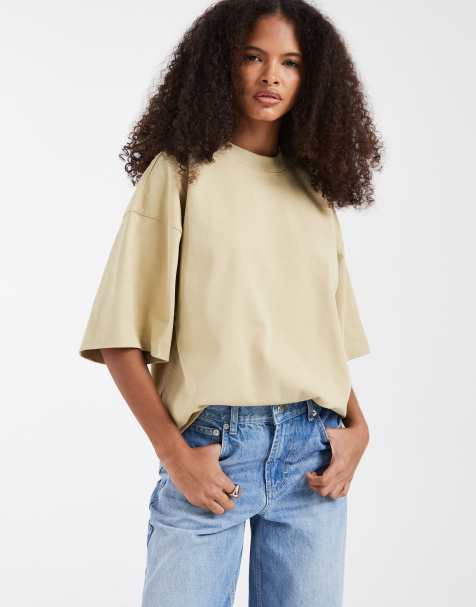 & Other Stories - Khakibeige oversized T-shirt med sænkede skuldre i kraftigt stof - view 1