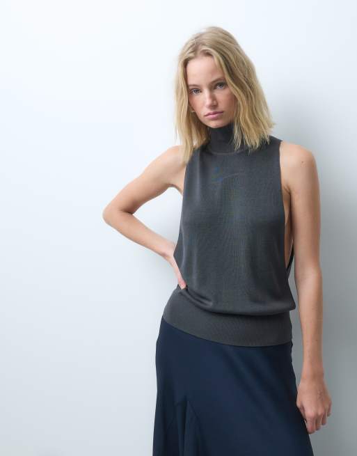 & Other Stories kniited high neck top with drop arm hole in dark gray , 4 of 4