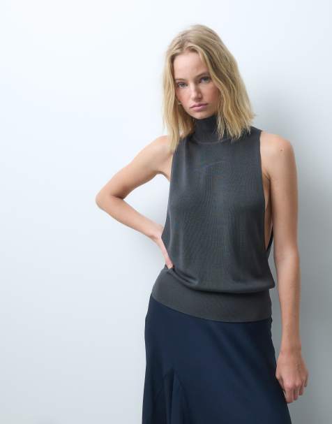 & Other Stories kniited high neck top with drop arm hole in dark grey - view 1