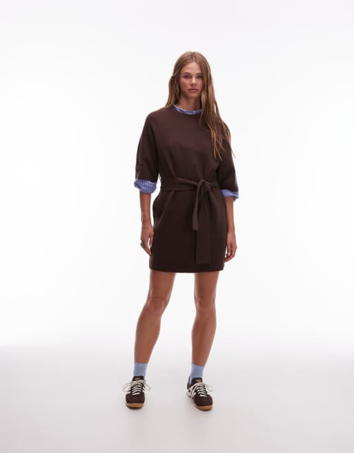 & Other Stories knit belted mini dress with wide sleeves in brown
