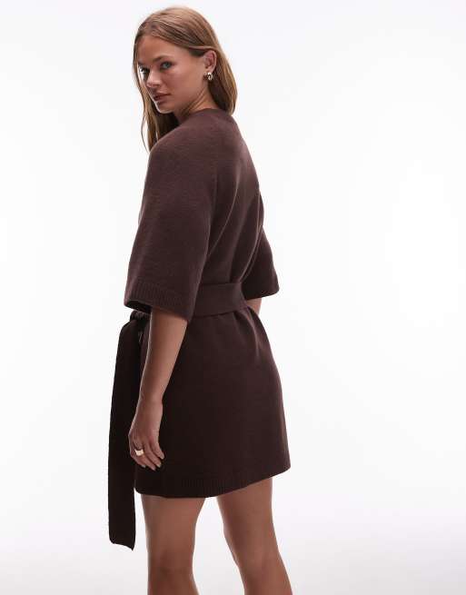 & Other Stories knit belted mini dress with wide sleeves in brown