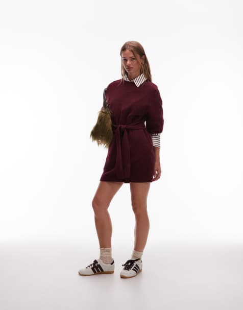 & Other Stories knit belted mini dress with wide sleeves in burgundy - view 1