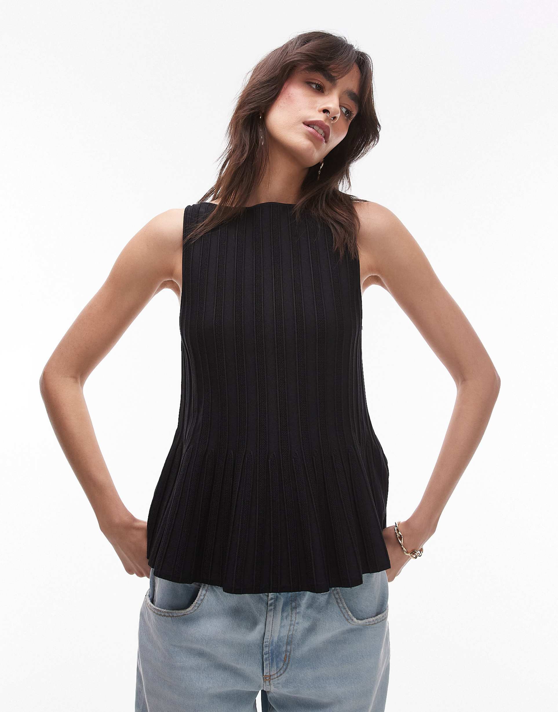 & other stories knit boat neck top with peplum hem in black