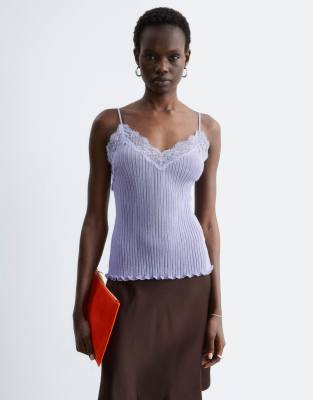 & Other Stories Knit Cami With Lace Neckline Detail In Blue