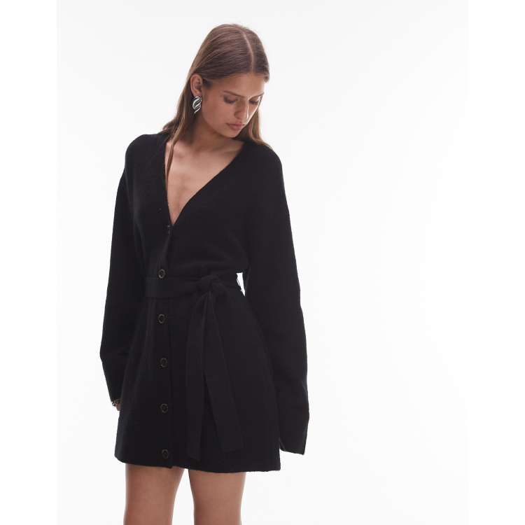 & Other Stories knit cardigan mini dress with belt in black | ASOS