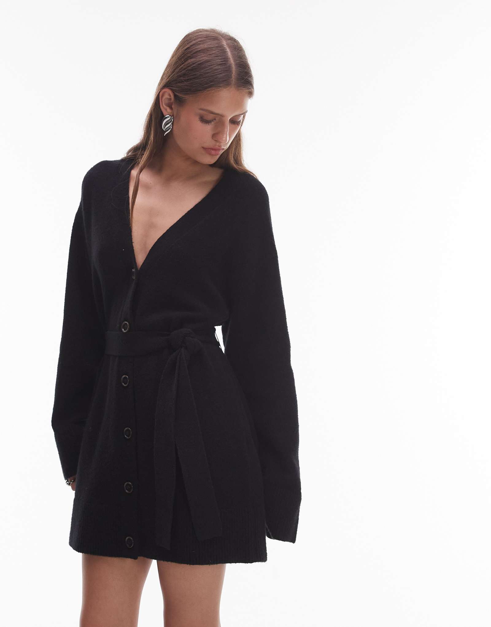 & Other Stories вязаное мини-платье-кардиган с поясом черного цвета