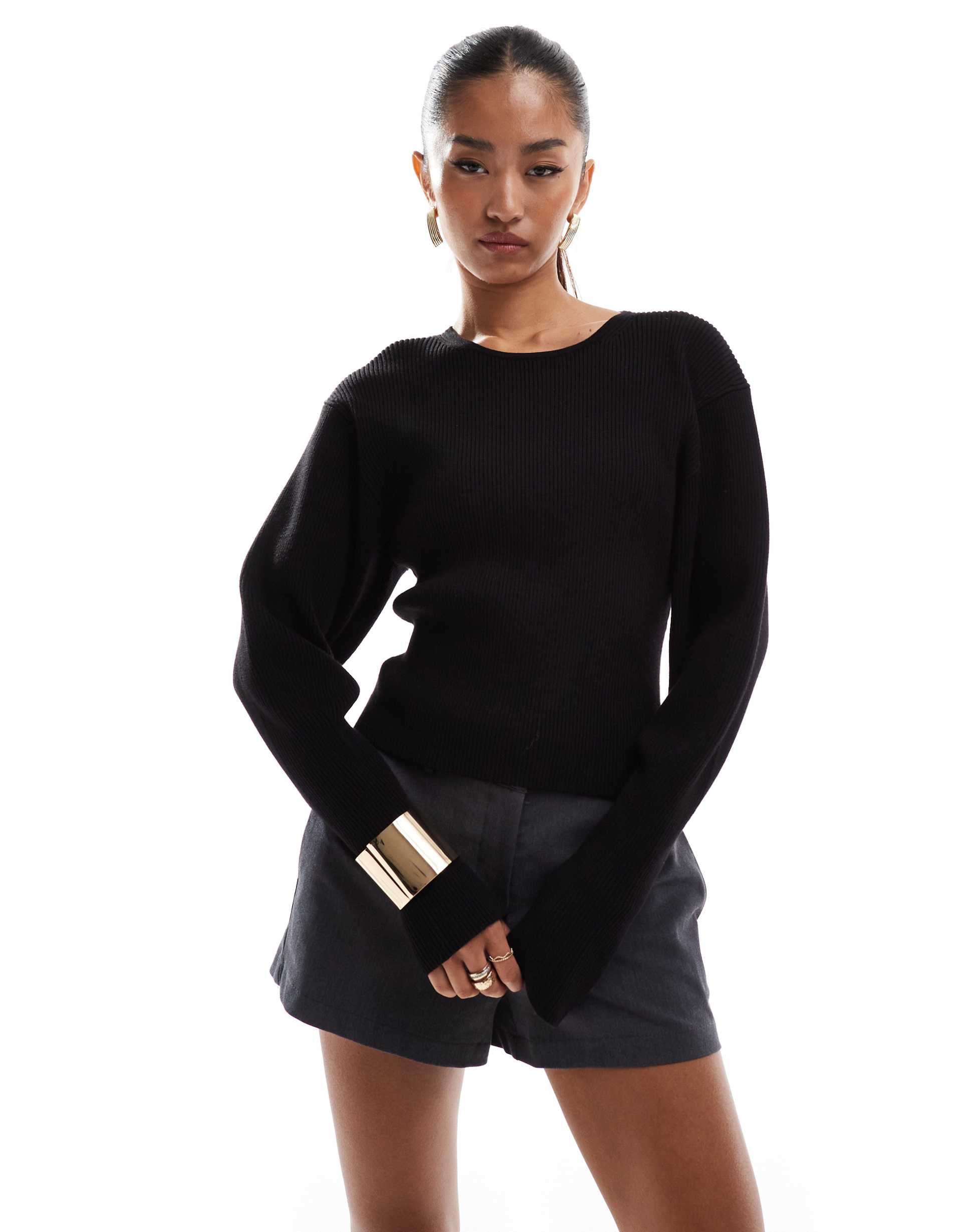 & other stories knit fitted sweater with sculptural sleeves in black
