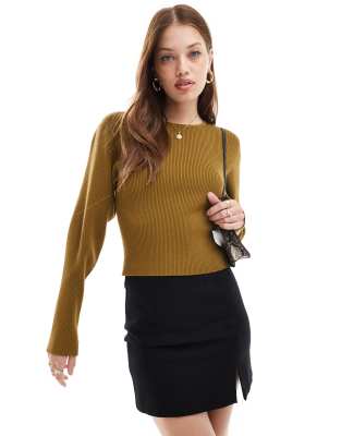 & Other Stories knit fitted sweater with sculptural sleeves in dark khaki green