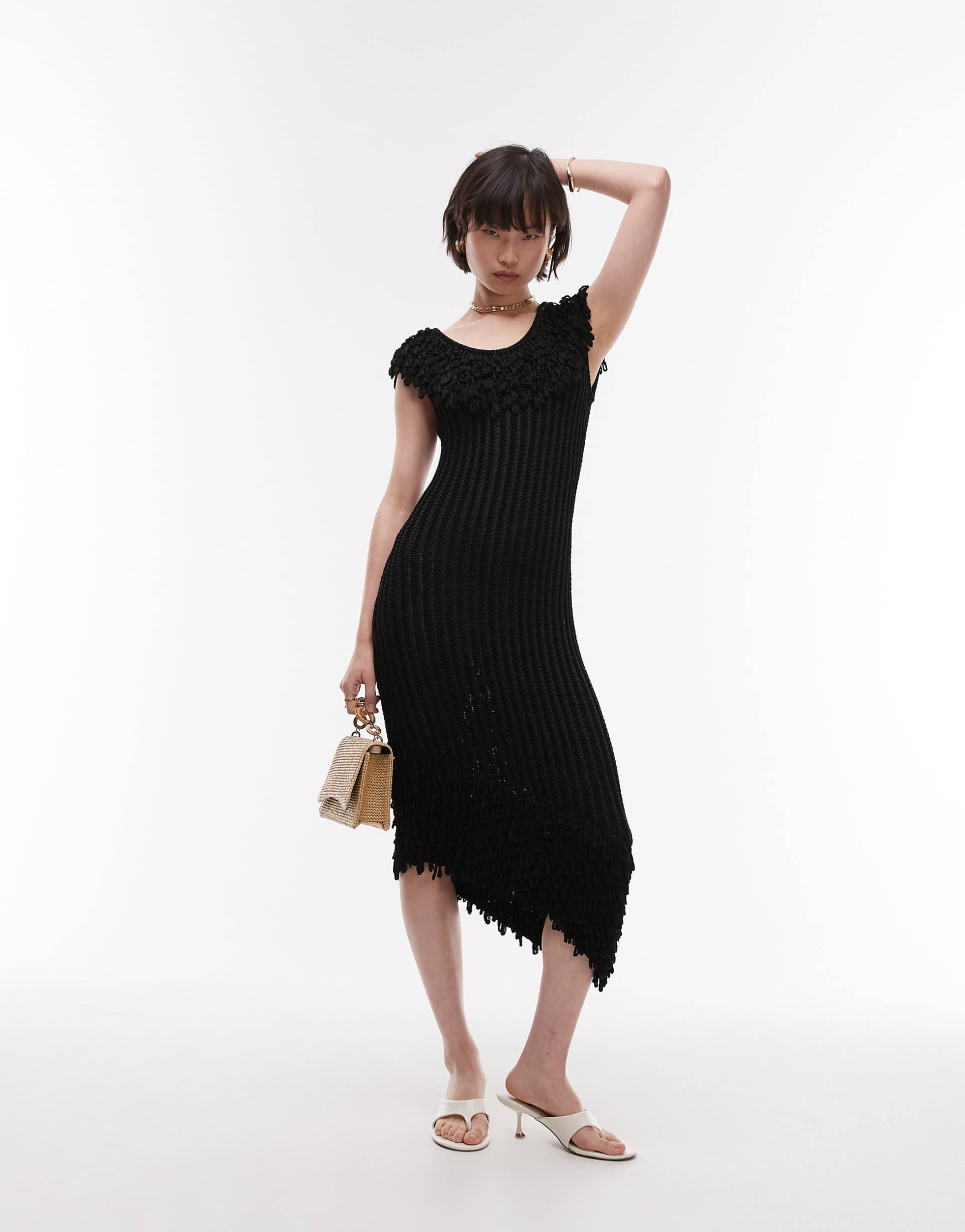 & other stories knit maxi dress with fringed neckline and hem in black