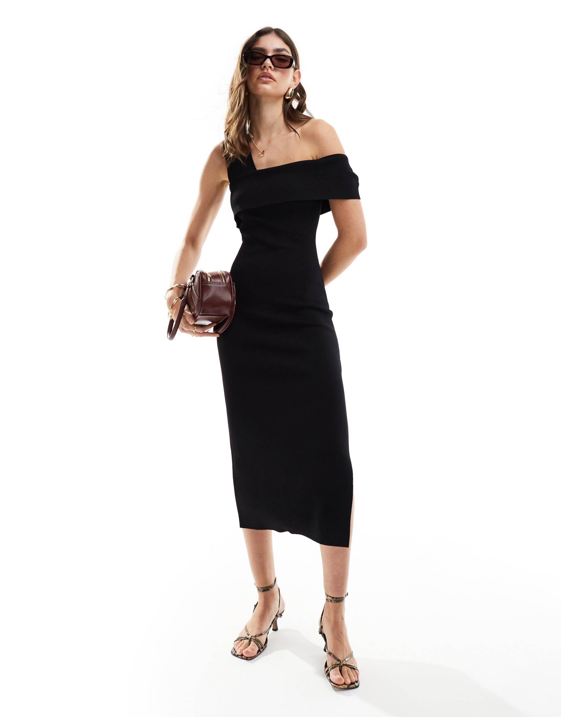 & other stories knit midi dress with asymmetric off-shoulder detail in black