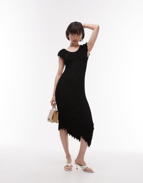 & Other Stories knit midi dress with fringed neckline and hem in black - view 1
