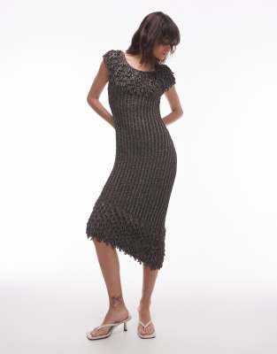 & Other Stories knit midi dress with fringed neckline and hem in metallic gray